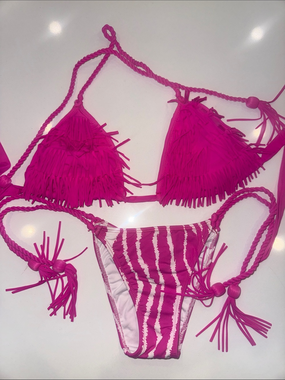 Pink Fringe Tie Bikini Set - Unbranded
